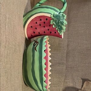Watermelon Ceramic Valerie Pitcher and unmarked Bowl Set with green spoon